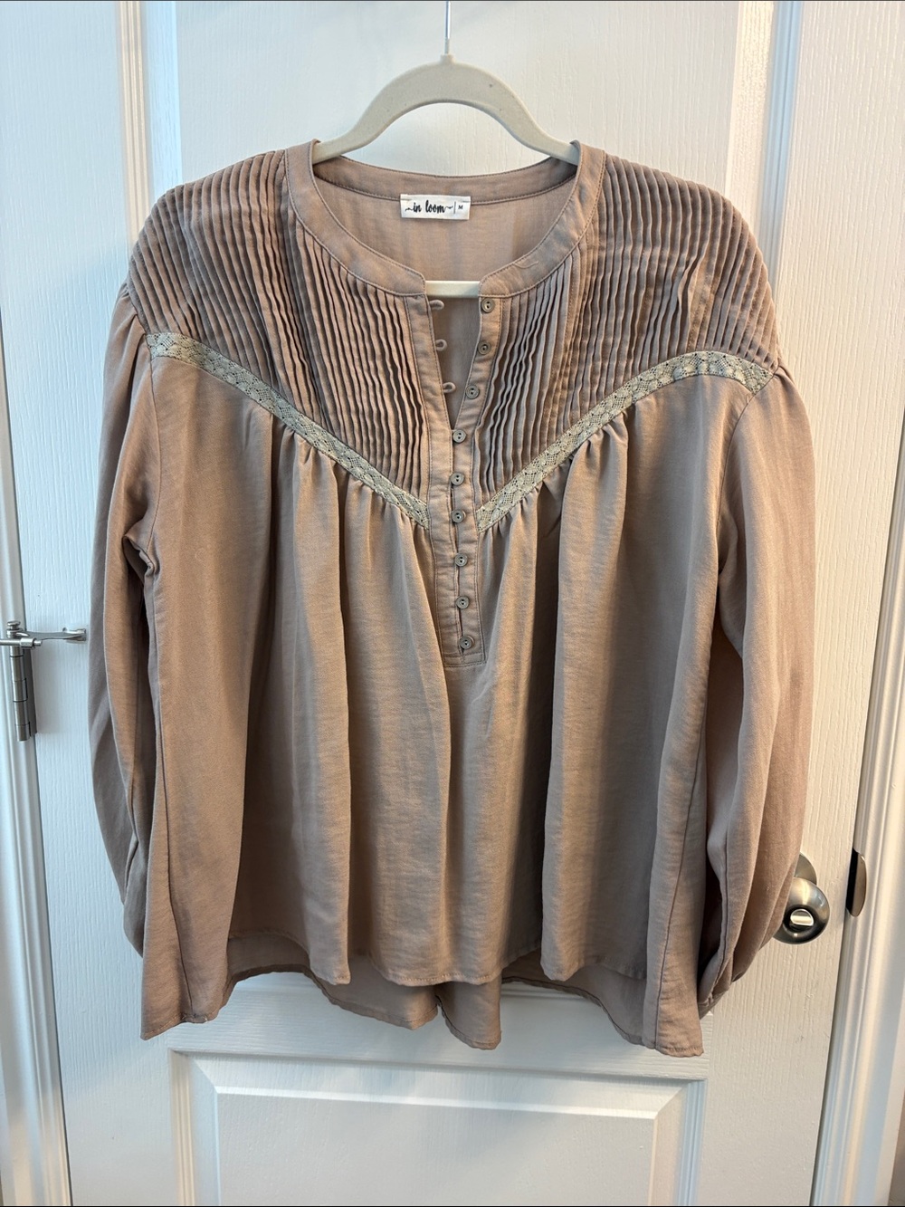 In Loom Light Taupe Pintuck Peasant Blouse with Lace Trim